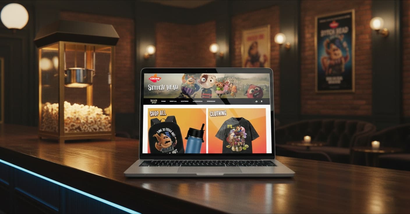 Kazoo Films animated merchandise store displayed on a laptop in a cinema