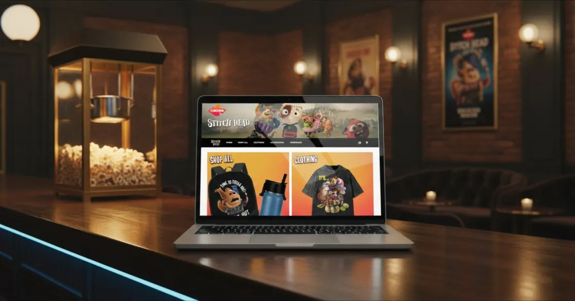 Kazoo Films animated merchandise store displayed on a laptop in a cinema