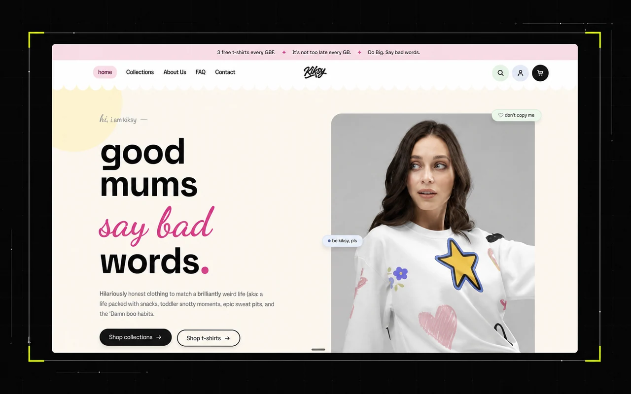 Kiksy organic mum apparel ecommerce website homepage
