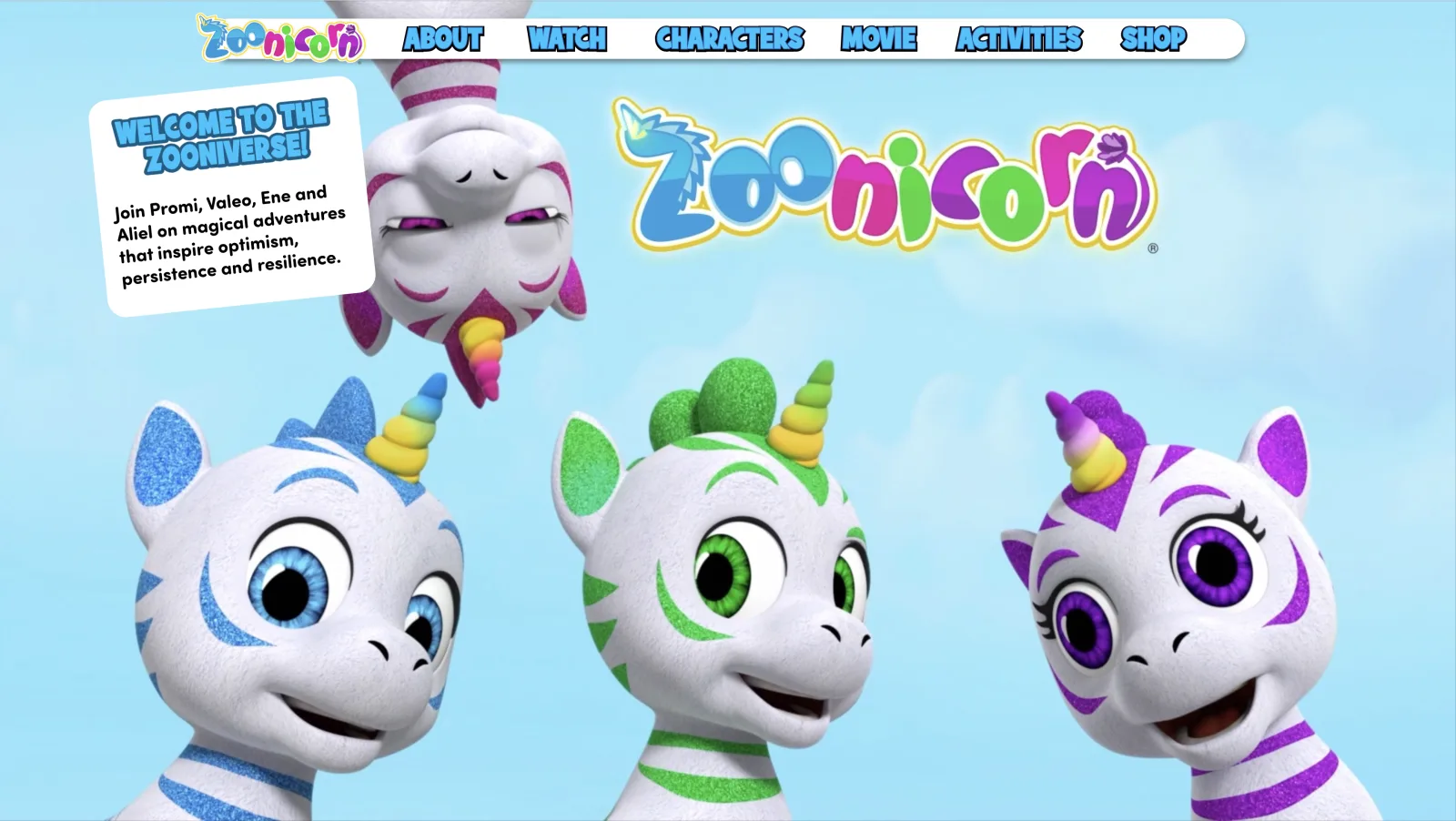 Homepage del sito della serie animata prescolare Zoonicorn